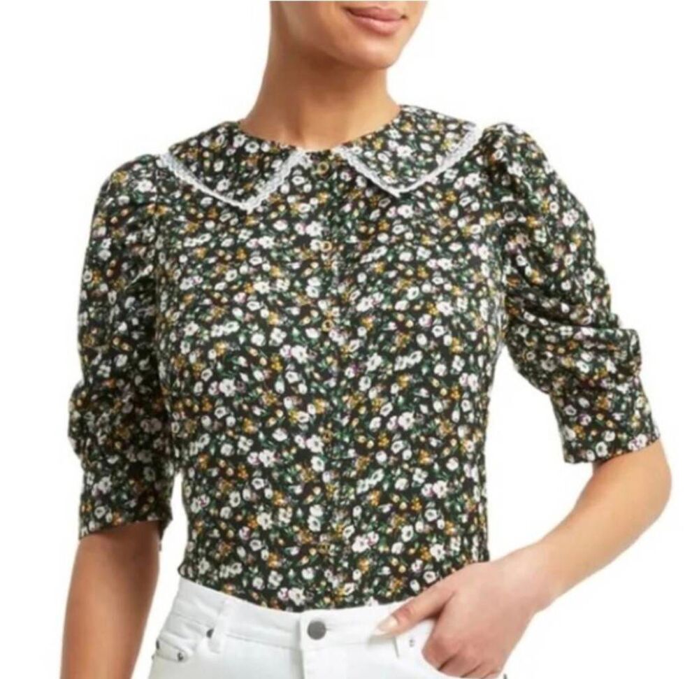 Halston Blk Floral Btn Frt Blouse, Peter Pan Collar/Lace Trim,Short Slvs XS NWOT